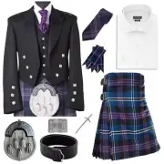 Scottish Prince Charlie Outfit 9 Pcs Set Kilt Jacket Traditional 8 Yard Men Kilt