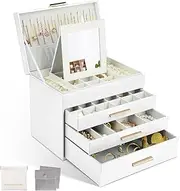 LIAN Large Jewelry Box Organizer 4 Layer Jewelry Holder Organizer with Mirror Leather Jewelry Case for Necklace Earrings Bracelet Storage for Women Girls(4 layer White)