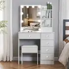 White LED Dressing Mirror Makeup Table Bedroom Vanity Set with Stool 6 Drawer
