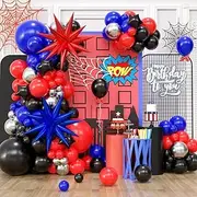 107PCS Blue Red Black Balloon Garland Arch Kit with Large Explosion Star Foil Balloons for Spider Comics Theme boy birthday Party Man Superhero inspired decorations (A)