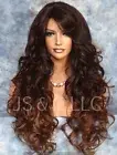 Human Hair Blend Wig Heat OK Curly Long AUBURN mix Bangs Layered WBBT 23033