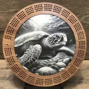 CUSTOM WALNUT CRIBBAGE BOARD THE SALTY SEA TURTLE 11” STORAGE DRAWER PEGS, CARDS