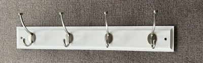 24" Four Hook Coat/Hat Rail White w/ Satin Nickel Hooks