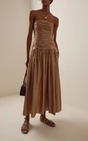 [Matteau] Strapless Ruched Cotton Drop-Waist Maxi Dress