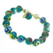 Murano Glass Bracelet Green Multi Gold Millefiori Venice 15 Beads