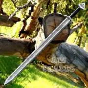 Hand Forged Double Edge Damascus Steel Medieval Sword Sharp Viking with Scabbard