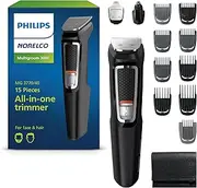 Norelco Philips Multigroom Series 3000, All-in-One Trimmer and Hair Clipper, 15-Piece Men's Grooming Kit for Beard, Face, Nose, and Ear, No Blade Oil Needed, Storage Pouch, Model MG3770/40