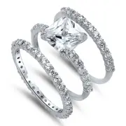 Sterling Silver CZ Princess 3 Piece Engagement Ring Wedding Set Size 5-10