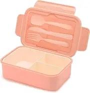 Bento Boxes for Adults and Kids, 1100 ML Lunch Box with 3 Compartment and Utensil Set, Leakproof Lunchbox Food Container for Dinning out, Work, School, Picnic - Pink