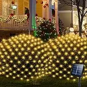 Solar Net Mesh String Lights Outdoor Waterproof 9.8ft x 6.6ft 200 LEDs Tree-wrap Lights,Dark Green Cable,8 Modes Decorative Lights for Party Christmas Wedding Garden Home Patio Lawn - Warm White