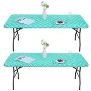 2pcs Rectangle Table Cloth Fitted Plastic Table Cover Elastic Edge Vinyl Folding Tablecloths for Picnic Party -Green