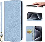 NanHou iPhone 15 Pro Case Leather Case RFID Blocking Folio Wallet Case Magnetic Closure Kickstand Wrist Strap Card Holder Shockproof Flip Cover - Light Blue