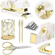 Famassi Gold Marble Desk Accessories, Office Supplies Set Stapler Set Staple Remover, Tape Holder, Pen Holder, 2 Ballpoint Pen, Scissor, Binder Clips, Paper Clips and 1000pcs Staples.