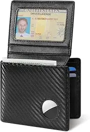 [SlowTon] Minimalist Wallet for Men - Genuine Leather Slim Men's Wallet, RFID Blocking AirTag Bifold Card Holder with Gift Box (Black (Carbon Fiber))