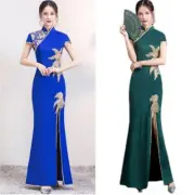 Chinese Retro Mandarin Collar Womens Embroidery split Cheongsam Evening Dresses