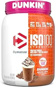 Dymatize ISO100 Hydrolyzed Protein Powder in Dunkin' Mocha Latte Flavor, 100% Whey Isolate Protein, 25g Protein, 95mg Caffeine, 5.5g BCAAs, Gluten Free, Fast Absorbing, Easy Digesting, 20 Servings