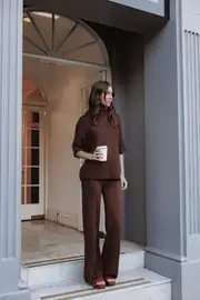 [PUP14] Remii Knit Pant Set - Chocolate S Chocolate Brown