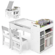 CostwayKids Art Table and 2 Chairs Set with Paper Roll and Storage Shelves-Grey