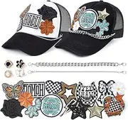[Meneng] Western Trucker Hat for Cowboy: Men Women Adjustable Snapback Caps with 8pcs Embroidered Patches and a Chain