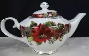 Grace Teaware Plaid Poinsettia Teapot NEW