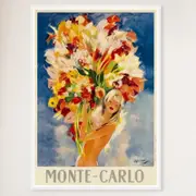 Galrie Monte Carlo Vintage Travel Poster with Bouquet of Flowers Art for Home Décor, White Frame, 50 x 70cm (20 x 28inch)