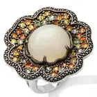 Sima K 11.69ct Moonstone & Sapphire Sterling Silver Floral Ring - Size 7