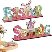 Easter Tabletop Sign | Bunny Gnome Wooden Sign Tiered Tray Decor | 2X Desk Decor Table Centerpieces, Easter Decorations for Home Party Mantle Shelf Holiday