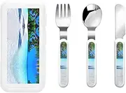 Tropical White Sand Beach And Ocean 3 Piece Set For Camping Stainless Steel Flatware, Spoon, Fork, Knife, Ideal For Outdoor