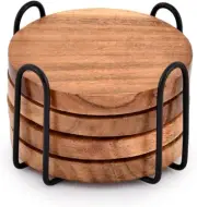 Acacia Wood Coasters for Drinks with Iron Holder Stand for Coffee Table, Tableto