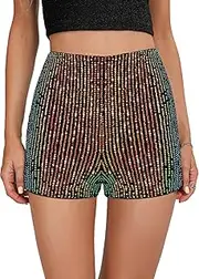 [Testudineus] Womens Y2K Leopard Sequin Shorts Glitter Elastic Waist Skinny Sequin Sparkle Track Shorts