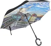 Double Layer Inverted Umbrella Cars Reverse Umbrella Traditional Houses France Strasbourg Windproof UV Proof Travel Outdoor Umbrella