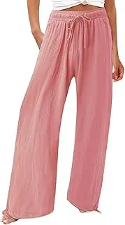 Linen Pants for Women Wide Leg Elastic Drawstring High Waist Casual Loose Palazzo Pants with Pocket