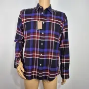 Boss Men's Shirt Size M Blue Purple Long Sleeve Flannel Shirt Dark Red Plaid (50