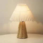 Pleated Table Lamp Bedside Night Lamp with Rattan Base Vintage Soft Warm Ligh...