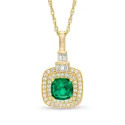 6.0mm Cushion-Cut Lab-Created Emerald and White Sapphire Double Frame Pendant in Sterling Silver with 14K Gold Plate