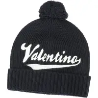 在飛比找Yahoo奇摩購物中心優惠-VALENTINO 草寫字母毛球反摺針織羊毛帽(深藍色)
