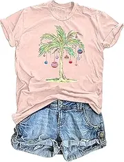 [LHBNK] Christmas in July Shirt Women: Christmas Palm Tree T Shirt Xmas Hawaiian Holiday Tees Summer Vacation Tops