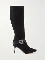 [Manolo Blahnik] Manolo Blahnik - Pliniahi 70 Embellished Satin-trimmed Suede Knee Boots - Black - IT35 IT 35 Black