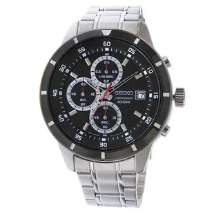 SEIKO WATCH 精工極速三眼計時黑面黑離子錶圈賽車石英鋼帶紳士腕錶 型號：SKS569P1