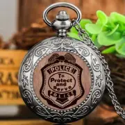 Silver Wood Alloy Case Police Design Quartz Pocket Watch for Men Necklace Chain