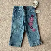 NWT GUESS CROPPED DENIM PANTS, GIRLS 5, SEQUINED, BEADED, STITCHED ON FLORAL