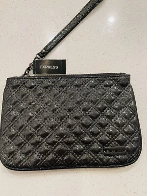 NWT Express 8x5 Black Sequin Bling Wristlet Clutch Removable Strap Holiday