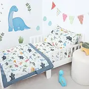 Toddler Bedding Set for Boys, Ultra Soft & Breathable Muslin Toddler Crib Bedding Sets 3 Piece Dinosaur Toddler Bed Comforter Set Includes Quilted Comforter, Fitted Sheet, Envelope Pillowcase, Blue