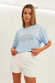 Blue Graphic T-Shirt Crop West Coast Crew Short Sleeve - Size S, Women's Graphic Tee