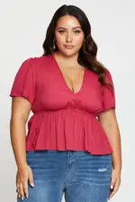 Red Peplum Top Short Sleeve Polyester