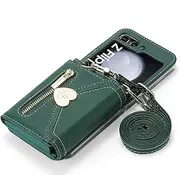 [XIMAND] for Samsung Galaxy Z Flip 5 Case with Love Flip Wallet, Large Capacity for 8 Card Slots, and Long Strap - a Mini, Fashionable Crossbody Bag for Young, Stylish Women Shopping(Z Flip 5,Green)