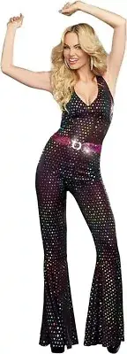 XS Ladies 60s 70s Costume Retro Hippy Hippie Groovy Diva Disco Jumpsuit Cosplay