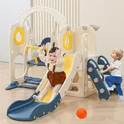 Aerlife Kids Slide and Swing Set, 7in1 Toddler Slide Playset with Adjustable Swing and Dining-Plate, Basketball Hoop, Ball and Climb Stairs Kids Playset Indoor Outdoor with Music Player, Blue