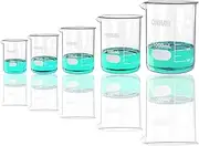 ONiLAB Glass Measuring Beaker Set 50ml 100ml 250ml 500ml 1000ml(Pack of 5) 3.3 Boro Griffin Low Form with Printed Graduation Scientific Glassware for Laboratories, Classrooms or Home Use
