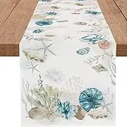 PROCIDA Blue Beach Table Runner Tropical Ocean Coastal Table Runners Seashell Burlap Seasonal Nautical Kitchen Dining Coffee Table Decor for Home Holiday Party Indoor Outdoor 13x90 Inch